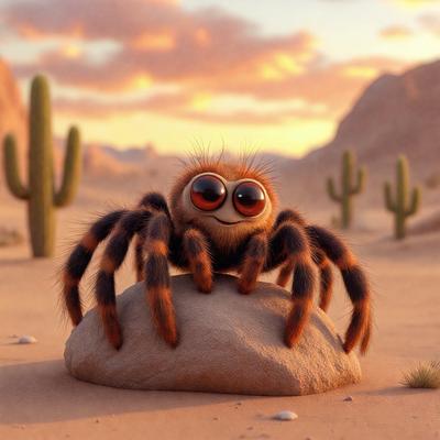The primary subject of the image is a spider sitting on a rock. The setting is a desert environment, with a cactus in the background. The visual style is a digital art illustration, giving the image a unique and creative appearance. The dominant colors are orange and brown, which are typical of the desert landscape. The overall atmosphere of the image is playful and whimsical, as the spider appears to be smiling.